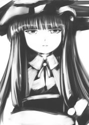 Rule 34 | 1girl, book, coo (coonekocoo), female focus, greyscale, hat, monochrome, patchouli knowledge, serious, solo, touhou, upper body, white background