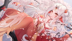 Rule 34 | 1girl, armpit crease, bare shoulders, breasts, character request, cherry blossoms, chun zhuan, cleavage, collarbone, commentary request, copyright request, dress, feet out of frame, flower, forehead jewel, highres, in tree, jewelry, large breasts, lips, long hair, nail polish, necklace, off-shoulder dress, off shoulder, orange flower, parted bangs, red dress, red eyes, red nails, sitting, smile, solo, tree, very long hair, virtual youtuber, white hair