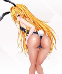 Rule 34 | 1girl, animal ears, armpit crease, ass, bare shoulders, black leotard, blonde hair, blush, breasts, brown pantyhose, cameltoe, closed mouth, commentary request, embarrassed, fake animal ears, fake tail, feet out of frame, from behind, frown, hair between eyes, hair down, kaze (kaze kaza), konjiki no yami, leaning forward, leotard, long hair, looking at viewer, looking back, pantyhose, playboy bunny, profile, rabbit ears, rabbit tail, red eyes, simple background, small breasts, solo, standing, straight hair, strapless, strapless leotard, tail, thigh gap, thighs, to love-ru, to love-ru darkness, v-shaped eyebrows, very long hair, white background, white wrist cuffs, wrist cuffs