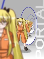 Rule 34 | 1girl, blonde hair, crossover, female focus, flat chest, glasses, long hair, ooba kou, portal (object), portal (series), portal 1, shoes, tagme, twintails, valve