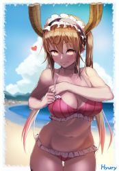 Rule 34 | 10s, 1girl, absurdres, artist name, beach, bikini, blue sky, blush, breasts, cleavage, closed mouth, collarbone, day, dragon girl, dragon horns, frilled bikini, frills, grabbing own breast, hand on own chest, heart, highres, horns, hyury, kobayashi-san chi no maidragon, large breasts, looking at viewer, maid headdress, navel, ocean, orange hair, outdoors, pink bikini, pinstripe pattern, red eyes, sky, slit pupils, smile, solo, standing, stomach, striped bikini, striped clothes, swimsuit, thigh gap, tohru (maidragon), twintails