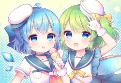 Rule 34 | 2girls, alternate costume, blue bow, blue eyes, blue hair, blue sailor collar, blush, bow, cirno, closed mouth, coa (chroo x), daiyousei, detached wings, fairy, fairy wings, food, gloves, green hair, hair between eyes, hair bow, hat, holding, holding food, ice, ice cream, ice wings, long hair, multiple girls, neckerchief, open mouth, red neckerchief, sailor collar, sailor shirt, shirt, short hair, short sleeves, side ponytail, smile, tongue, tongue out, touhou, upper body, white gloves, white headwear, white shirt, wings