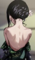 Rule 34 | 1girl, asuzemusex, back, back focus, bare back, bare shoulders, black hair, blurry, chinese commentary, flower, from behind, hair flower, hair ornament, idolmaster, idolmaster shiny colors, indoors, japanese clothes, kimono, kimono pull, morino rinze, nape, shoulder blades, single sidelock, solo, tatami