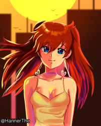Rule 34 | 1girl, artist request, blue eyes, breasts, brown hair, building, city, cleavage, dress, evening, floating hair, highres, lips, long hair, looking at viewer, medium breasts, neon genesis evangelion, shiny skin, sky, solo, souryuu asuka langley, standing, sundress, two side up, upper body, yellow background, yellow dress