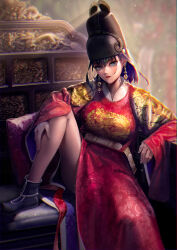 Rule 34 | 1girl, absurdres, arm support, black footwear, black hair, black hat, blue eyes, breasts, chef hat, chinese clothes, commission, couch, dragon print, dress, earrings, futou, hanbok, hat, highres, hololive, hololive english, jewelry, knee up, korean clothes, large breasts, looking at viewer, myo-zin, on couch, open mouth, ouro kronii, red dress, red robe, robe, short hair, side slit, solo, virtual youtuber