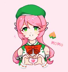 Rule 34 | beret, blush, bow, bowtie, character name, commentary request, cropped torso, detached sleeves, green eyes, green hat, grin, hair ornament, hairclip, hands up, hat, heart, heart hands, jaggy lines, long hair, looking at viewer, lowres, momone momo, notice lines, pink background, pink hair, red bow, red bowtie, revision, robot ears, roto (roto doko), shirt, shoulder tattoo, simple background, sleeveless, sleeveless shirt, smile, swept bangs, tattoo, utau, wavy hair