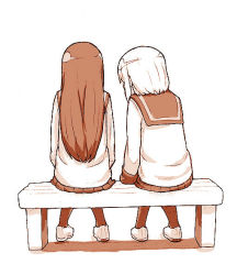 Rule 34 | 2girls, commentary request, from behind, full body, long hair, long sleeves, multiple girls, on bench, original, pantyhose, sailor collar, school uniform, sepia, serafuku, shoes, short hair, side-by-side, simple background, sitting, tonmoh