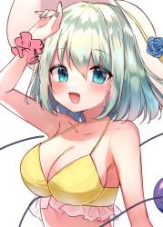 Rule 34 | 1girl, arm up, bare shoulders, bikini, blue eyes, blue flower, blue rose, bra, breasts, collarbone, commentary request, eyes visible through hair, fingernails, flower, frills, green hair, green nails, hair between eyes, hand up, hat, hat flower, hat ornament, hat ribbon, komeiji koishi, long fingernails, looking to the side, medium breasts, moshihimechan, nail polish, open mouth, ribbon, rose, short hair, simple background, smile, solo, swimsuit, third eye, touhou, underwear, upper body, white background, white hat, wrist cuffs, yellow bikini, yellow bra, yellow ribbon