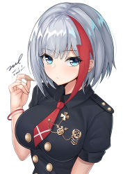 Rule 34 | 1girl, admiral graf spee (azur lane), admiral graf spee (girl&#039;s sunday) (azur lane), azur lane, black shirt, blue eyes, breasts, bugles, bugles (food), bugles on fingers, buttons, collared shirt, cross, dated, food on hand, hand up, holding, large breasts, looking at viewer, multicolored hair, necktie, red hair, red necktie, shirt, short hair, short necktie, short sleeves, signature, silver hair, simple background, solo, streaked hair, twitter username, unel, upper body, white background