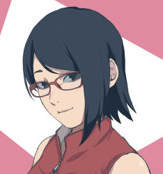 Rule 34 | 10s, 1girl, absurdres, artist request, bare shoulders, black eyes, black hair, boruto: naruto next generations, child, closed mouth, female focus, glasses, happy, highres, looking at viewer, matching hair/eyes, naruto, naruto (series), portrait, short hair, sleeveless, smile, solo, uchiha sarada, zipper