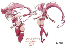 Rule 34 | 10s, 1girl, adapted costume, ass, character sheet, choker, cure melody, full body, h26r, houjou hibiki, long hair, magical girl, midriff, multiple views, pink hair, pink thighhighs, precure, ribbon choker, shoes, short shorts, shorts, suite precure, thighhighs, twintails, white background