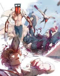 Rule 34 | 2boys, absurdres, bat devil (chainsaw man), blonde hair, blood, blood on clothes, blood on face, blood splatter, blood spray, blue sky, chainsaw, chainsaw man, denji (chainsaw man), empty eyes, highres, instagram username, intestines, midair, multiple boys, open clothes, organs, sharp teeth, shirt, short hair, sky, sleeves rolled up, stephengiannart, stylized blood, teeth, transformation, twitter username, white background, white shirt