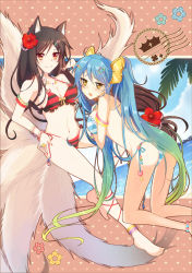 Rule 34 | 2girls, ahri (league of legends), animal ears, anklet, aqua hair, armlet, ass, barefoot, beach, bikini, blue hair, blush, breasts, brown hair, cleavage, flower, fox ears, fox tail, gradient hair, hair flower, hair ornament, hand on own hip, hibiscus, jewelry, large breasts, league of legends, long hair, lots of jewelry, maydream, midriff, multicolored hair, multiple girls, multiple tails, postcard, red eyes, ring, side-tie bikini bottom, smile, sona (league of legends), star (symbol), star hair ornament, striped bikini, striped clothes, swimsuit, tail, twintails, untied, very long hair, yellow eyes