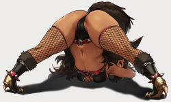 Rule 34 | 1girl, animal ears, ass, bare arms, breasts, brown hair, cameltoe, cerberus (houtengeki), chain, cleft of venus, commentary, dark-skinned female, dark skin, dog ears, dog tail, fishnet thighhighs, fishnets, from behind, highres, houtengeki, jack-o&#039; challenge, legs apart, long hair, looking at viewer, looking back, medium breasts, navel, original, red eyes, simple background, solo, tail, thighhighs, white background