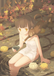 Rule 34 | 1girl, autumn leaves, bad id, bad pixiv id, bare shoulders, blunt bangs, brown eyes, brown hair, chrysanthemum, covering privates, cup, flower, frown, hair bun, holding, in water, leaf, lotus, maple leaf, moai (aoh), monkey, naked towel, nude cover, onsen, original, partially submerged, single hair bun, sitting, tail, towel, water