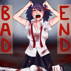 Rule 34 | 10s, 2girls, absurdres, bad end, blood, blood on clothes, crying, death, english text, female focus, hands on own head, highres, holding, holding own hair, kill la kill, kiryuuin satsuki, matoi ryuuko, mourning, multiple girls, open mouth, ryuumako, spoilers, tears, torn clothes