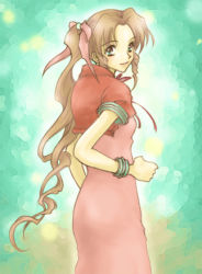 Rule 34 | 1girl, aerith gainsborough, bracelet, breasts, brown hair, cropped jacket, dress, final fantasy, final fantasy vii, green eyes, hair ribbon, jacket, jewelry, long hair, looking at viewer, looking back, lowres, materia, medium breasts, parted bangs, pink dress, pink ribbon, ponytail, poyon, puffy short sleeves, puffy sleeves, red jacket, retro artstyle, ribbon, short sleeves, sidelocks, sleeping forest, small breasts, smile, solo, square enix, upper body, wavy hair