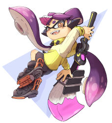 Rule 34 | 1girl, absurdres, black footwear, bow-shaped hair, callie (splatoon), commentary request, food, food on head, highres, holding, holding weapon, long hair, mole, mole under eye, nintendo, object on head, octobrush (splatoon), open mouth, orange eyes, pink hair, shoes, solo, splatoon (series), star-shaped pupils, star (symbol), sushi, symbol-shaped pupils, teeth, user aaww2288, weapon, white background