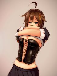 Rule 34 | 1girl, ahoge, aqua eyes, bdsm, blue skirt, blush, breasts, brown hair, cleavage, clothes lift, corset, covering own mouth, crossed arms, hair ornament, highres, kantai collection, katsuten, latex corset, long hair, looking at viewer, medium breasts, school uniform, shigure (kancolle), shirt lift, simple background, skirt, solo, standing