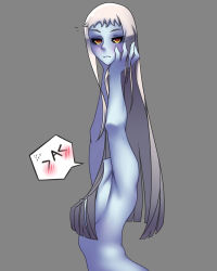 Rule 34 | 10s, 1girl, armpits, arms up, black sclera, blue skin, blush, breasts, colored sclera, colored skin, completely nude, disembodied head, dullahan, grey background, hair censor, highres, holding head, lala (monster musume), loen, long hair, monster girl, monster musume no iru nichijou, nude, simple background, solo, speech bubble, upper body, very long hair, white hair, yellow eyes
