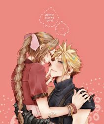 Rule 34 | 1boy, 1girl, aerith gainsborough, aqua eyes, arm around waist, armor, artist name, blonde hair, blue shirt, blush, bracelet, braid, braided ponytail, brown hair, closed eyes, cloud strife, cropped jacket, dress, earrings, english text, final fantasy, final fantasy vii, final fantasy vii remake, finger to mouth, gloves, hair between eyes, hair ribbon, hand on another&#039;s shoulder, highres, jacket, jewelry, open mouth, parted bangs, pink background, pink dress, red jacket, ribbon, shirt, shoulder armor, single earring, sleeveless, sleeveless turtleneck, smile, spiked hair, square enix, suspenders, sweatdrop, teeth, turtleneck, upper body, upper teeth only, yco 030601