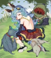 Rule 34 | 1girl, animal, animal ears, backboob, backless dress, backless outfit, bare back, bare shoulders, black footwear, black gloves, blue hair, breasts, brown eyes, dress, earrings, elbow gloves, erune, ferry (granblue fantasy), gloves, granblue fantasy, hair ornament, jewelry, long hair, looking at viewer, looking back, monster, nature, one eye closed, outdoors, red dress, sash, shiny skin, shoes, sideboob, single earring, sitting, small breasts, socks, solo, sunao (souis), thigh strap, wariza, wavy hair, white socks