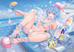 Rule 34 | 1girl, :d, animal, armpits, ass, atdan, bare legs, bare shoulders, bikini, blue eyes, blue hair, blue theme, breasts, cleavage, day, fang, fantasy, feet, fish, front-tie bikini top, front-tie top, haiyi, halterneck, hat, high heels, highres, holding, jellyfish, large breasts, legs up, long hair, looking at viewer, lying, navel, off shoulder, on back, open clothes, open mouth, open shirt, outdoors, paintbrush, painting (action), palette (object), revision, sandals, shirt, sky, smile, solo, stomach, strap gap, string bikini, swimsuit, synthesizer v, thighs, toes, white bikini, white shirt