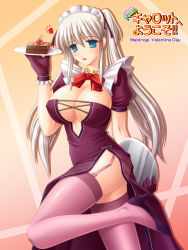 Rule 34 | 1girl, blue eyes, breasts, cherry, cleavage, covered erect nipples, food, fruit, garter straps, heart, huge breasts, kafu (logaemon), long hair, mabinogi, nao (mabinogi), no pupils, open mouth, plate, solo, thighhighs, tray, twintails, waitress