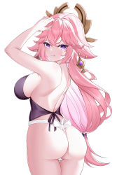 Rule 34 | 1girl, :p, absurdres, animal ears, arm up, armpits, ass, back, backless outfit, bare shoulders, breasts, closed mouth, commentary request, cowboy shot, fox ears, from behind, fundoshi, genshin impact, hair ornament, highres, japanese clothes, large breasts, long hair, looking at viewer, looking back, low-tied long hair, mz (yeye ai chipao mian), pink hair, purple eyes, revision, shoulder blades, sideboob, smile, solo, thigh gap, tongue, tongue out, very long hair, yae miko
