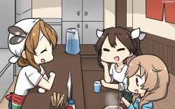 Rule 34 | 3girls, = =, alternate costume, apron, bandana, braid, brown eyes, brown hair, chopsticks, closed eyes, commentary request, counter, dated, food, glass, hair between eyes, hair ribbon, hamu koutarou, highres, italia (kancolle), kantai collection, light brown hair, littorio (kancolle), long hair, minegumo (kancolle), multiple girls, noodles, noren, one-hour drawing challenge, pitcher (container), ramen, red eyes, ribbon, shirt, sleeves rolled up, tone (kancolle), twin braids, twintails, upper body, white shirt