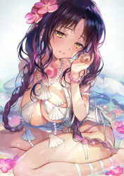 Rule 34 | 1girl, bare shoulders, bikini, black hair, blush, bracelet, braid, breasts, chest tattoo, cleavage, facial mark, fate/grand order, fate (series), flower, forehead mark, hair flower, hair ornament, jewelry, large breasts, long hair, looking at viewer, multicolored hair, necklace, parted bangs, pearl bracelet, pearl necklace, pink hair, sarong, sessyoin kiara, sessyoin kiara (swimsuit mooncancer), sessyoin kiara (swimsuit mooncancer) (first ascension), shell, shell necklace, sitting, smile, solo, streaked hair, swimsuit, tattoo, thighs, twin braids, very long hair, vivi (eve no hakoniwa), wariza, white bikini, yellow eyes