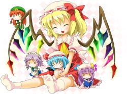 Rule 34 | 1girl, :3, :d, ^ ^, apron, bad id, bad pixiv id, blonde hair, blue hair, book, braid, character doll, chibi, closed eyes, crescent, crescent hat ornament, crescent moon, demon wings, doll, dress, embodiment of scarlet devil, female focus, flandre scarlet, hair ribbon, happy, hat, hat ornament, hong meiling, izayoi sakuya, maid, maid apron, maid headdress, michii yuuki, mob cap, moon, o o, open book, open mouth, patchouli knowledge, purple hair, reading, red hair, remilia scarlet, ribbon, sitting, smile, socks, solo, star (symbol), touhou, twin braids, wings