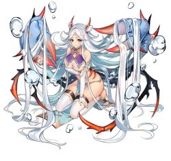 Rule 34 | 1girl, absurdly long hair, ark order, bare shoulders, blue nails, breasts, bridal gauntlets, cancer (ark order), claws, crab claw, double bun, elbow gloves, gloves, gold trim, grin, hair bun, hair flaps, hair flowing over, hatoyama itsuru, horns, large breasts, long hair, nail polish, official art, pelvic curtain, pincers, red eyes, smile, solo, tachi-e, thighhighs, toeless legwear, transparent background, underboob, very long hair, water, white gloves, white hair, white thighhighs