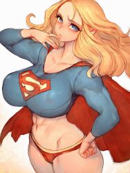 Rule 34 | 1girl, abs, blonde hair, blue eyes, breasts, capelet, cleavage, covered erect nipples, cropped legs, curvy, dc comics, fumio (rsqkr), hand on own hip, hand to own mouth, highres, large breasts, lips, long hair, muscular, muscular female, navel, panties, red capelet, red panties, solo, supergirl, superman (series), thong, underwear, wide hips