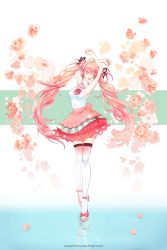 Rule 34 | 10s, 1girl, 2015, armpits, arms up, artist name, bad id, bad pixiv id, ching (solholic), flower, hair flower, hair ornament, hatsune miku, headset, highres, long hair, open mouth, pink eyes, pink hair, sakura miku, skirt, solo, thighhighs, twintails, very long hair, vocaloid
