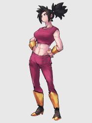Rule 34 | 1girl, abs, beige background, black eyes, black footwear, black hair, boots, breasts, clenched hands, closed mouth, crop top, dragon ball, dragon ball super, earrings, frown, grey background, groin, hands on own hips, high ponytail, jewelry, kefla (dragon ball), kemachiku, knee boots, large breasts, leggings, looking afar, midriff, muscular, muscular female, potara earrings, serious, simple background, solo, spiked hair, toned, tsurime, v-shaped eyebrows