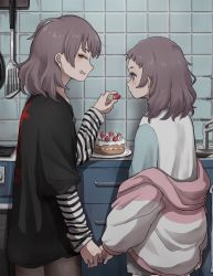 Rule 34 | 2girls, black shirt, blush, brown hair, cake, commentary request, closed eyes, food, from behind, fruit, highres, holding, holding food, holding fruit, holding hands, hood, hoodie, indoors, kitchen, long sleeves, medium hair, mixed-language commentary, multicolored clothes, multicolored hoodie, multiple girls, original, plate, shirt, short sleeves, siblings, sisters, strawberry, tabao, tile wall, tiles, twins