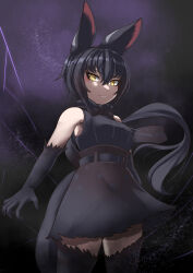 Rule 34 | 1girl, animal ears, bare shoulders, belt, black hair, black serval (kemono friends), bow, bowtie, cat ears, cat girl, cat tail, elbow gloves, extra ears, gloves, highres, kawanami eito, kemono friends, kneehighs, long hair, looking at viewer, shirt, simple background, skirt, sleeveless, sleeveless shirt, socks, solo, tail, yellow eyes