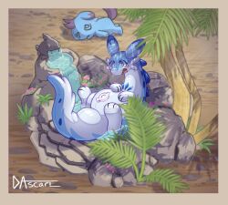 Rule 34 | artist name, blush stickers, border, chillet, dascarl, depresso, grey border, highres, inflatable toy, lying, no humans, on back, on ground, on stomach, open mouth, outdoors, outside border, pal (creature), palm tree, palworld, signature, tree, water