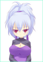 Rule 34 | 00s, 1girl, blue hair, blush, breasts, cleavage, darker than black, dress, frown, hair ribbon, hairband, kuro (be ok), large breasts, long hair, looking at viewer, ponytail, purple dress, red eyes, ribbon, silver hair, simple background, solo, white background, yin (darker than black)
