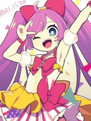 Rule 34 | 1girl, arm up, blue eyes, bow, dated, dress, dress bow, hair bow, highres, long hair, looking at viewer, manaka laala, mzh, one eye closed, open mouth, pretty series, pripara, purple hair, red bow, simple background, solo, teeth, upper teeth only, v, very long hair