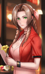 Rule 34 | 1girl, aerith gainsborough, alternate breast size, basket, bow, breasts, brown hair, commentary request, cropped jacket, dress, drill hair, final fantasy, final fantasy vii, flower, green eyes, hair ribbon, highres, holding, holding basket, jacket, large breasts, long hair, looking at viewer, pink bow, pink dress, pink ribbon, ponytail, red flower, red jacket, ribbon, sgk, short sleeves, side drill, solo, textless version, tri drills, upper body, white flower, yellow flower