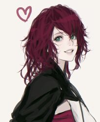 Rule 34 | 1girl, commentary, d.k, devola, english commentary, green eyes, medium hair, messy hair, mixed-language commentary, nier, nier (series), portrait, red hair, simple background, sketch, smile, solo, teeth, upper body, white background
