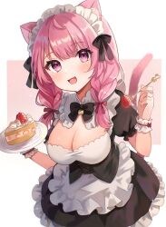 Rule 34 | 1girl, alternate costume, animal ear fluff, animal ears, apron, black bow, black bowtie, black ribbon, black shirt, black skirt, blush, bow, bowtie, braid, breasts, cake, cake slice, cat ears, cat girl, cat tail, cleavage, cleavage cutout, clothing cutout, commentary request, commission, cowboy shot, cream, enmaided, eyes visible through hair, fingernails, food, fork, frilled apron, frilled hairband, frilled shirt, frilled skirt, frills, fruit, glint, gold, hair ribbon, hairband, heart, highres, holding, holding fork, holding plate, indie virtual youtuber, izumiya konomi, long hair, looking at viewer, maid, maid apron, medium breasts, open mouth, pink background, pink eyes, pink hair, pink ribbon, pink tail, plate, puffy short sleeves, puffy sleeves, ribbon, second-party source, shirt, short sleeves, skeb commission, skirt, smile, solo, sparkle, split mouth, strawberry, tail, tail raised, tikoo 616, traditional bowtie, twin braids, twintails, underbust, virtual youtuber, waist apron, white apron, white background, white hairband, wrist cuffs