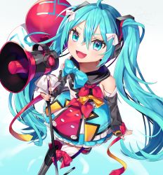 Rule 34 | 1girl, 39, aqua bow, aqua eyes, aqua hair, balloon, bare shoulders, black collar, black sleeves, black thighhighs, bow, bowtie, collar, commentary, detached sleeves, feet out of frame, foreshortening, frilled skirt, frills, from above, gunjou row, hair ornament, hatsune miku, headphones, holding, holding microphone stand, layered skirt, leg up, long hair, looking at viewer, magical mirai (vocaloid), magical mirai miku, magical mirai miku (2018), megaphone, microphone stand, open mouth, red bow, sailor collar, shirt, skirt, sleeveless, sleeveless shirt, smile, solo, thighhighs, thighs, v-shaped eyebrows, very long hair, vocaloid, white shirt, yellow bow