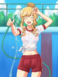 Rule 34 | 1girl, arm up, blonde hair, blue sky, bralines, chain-link fence, closed eyes, cloud, cloudy sky, commentary request, commission, cowboy shot, day, drill hair, drill sidelocks, empty pool, facing viewer, fence, gym shirt, gym shorts, gym uniform, holding, holding hose, hose, idolmaster, idolmaster cinderella girls, lielos, navel, ohtsuki yui, open mouth, outdoors, partial commentary, pixiv commission, pool, red shorts, see-through, shirt, short hair with long locks, short sleeves, shorts, sidelocks, single vertical stripe, sky, smile, solo, standing, tied shirt, water, wet, wet clothes, wet shirt