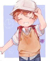 Rule 34 | 1boy, bag, child, clock, close-up, closed eyes, commentary, english commentary, facing viewer, hat, highres, male focus, nemui (nemuriyagi), original, school bag, short hair, short sleeves, smile, solo