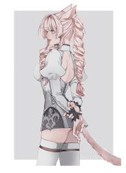 Rule 34 | 1girl, animal ears, arms behind back, warrior of light (ff14), blonde hair, blush, breasts, cat ears, cat tail, cowboy shot, earrings, facing away, final fantasy, final fantasy xiv, jewelry, long hair, medium breasts, miqo&#039;te, ponytail, profile, seth (taesnz), simple background, solo, tail, thighhighs, two-tone background