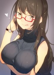 Rule 34 | 1girl, :q, breast hold, breasts, brown eyes, brown hair, glasses, heart, impossible clothes, impossible sweater, katou itsuwa, large breasts, long hair, looking at viewer, md5 mismatch, original, red-framed eyewear, ribbed sweater, semi-rimless eyewear, sleeveless, sleeveless turtleneck, solo, sweater, tongue, tongue out, turtleneck, under-rim eyewear, upper body, watch, wristwatch