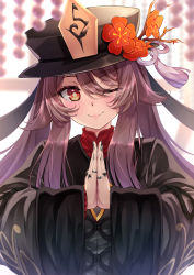 Rule 34 | 1girl, bead bracelet, beads, black headwear, black nails, blush, bracelet, brown hair, chinese clothes, flower, genshin impact, highres, hu tao (genshin impact), jewelry, long sleeves, looking at viewer, nail polish, one eye closed, own hands together, red eyes, red flower, ring, symbol-shaped pupils, tenton (henatyo), twintails, upper body, wide sleeves